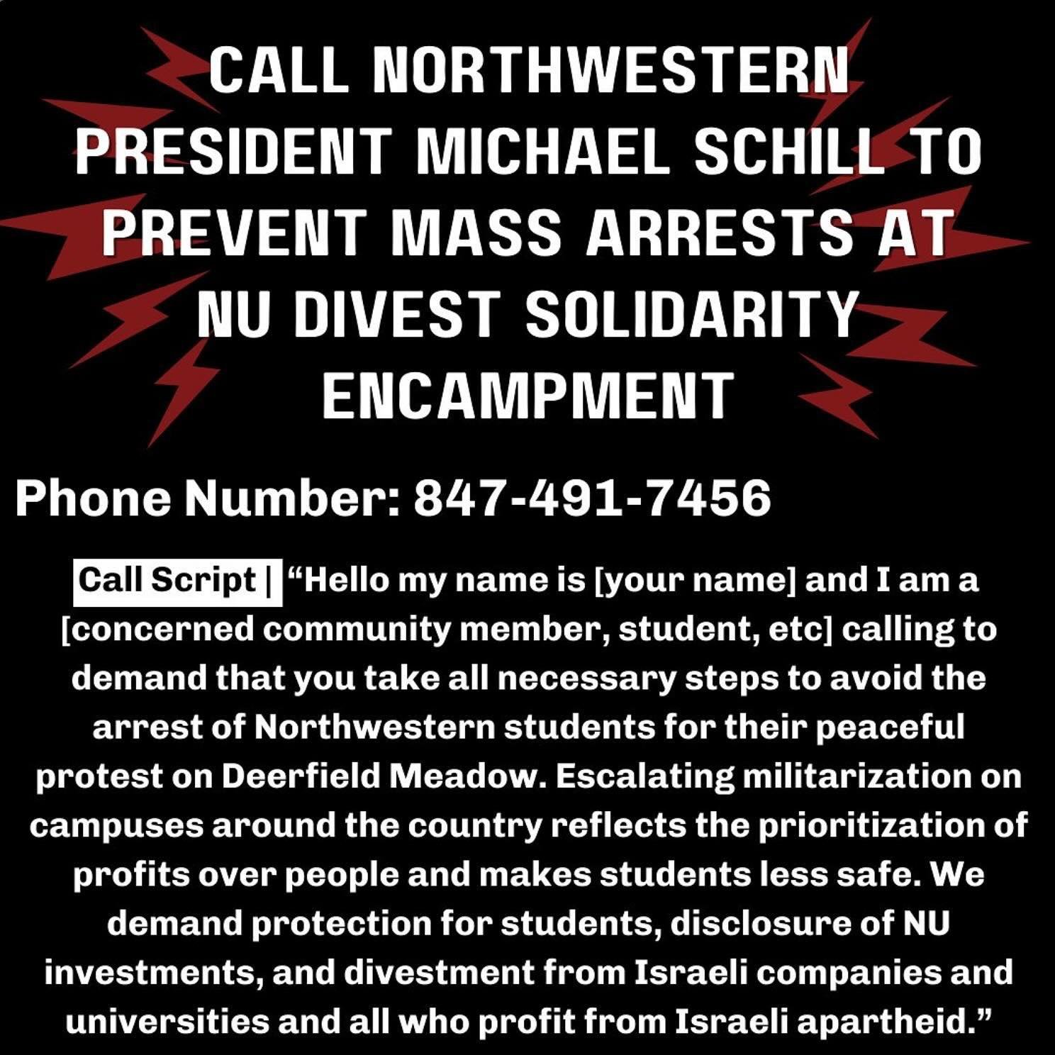 @nudivestmentcoalition have asked us to call the admin to demand NO ARRESTS!!

Email: nupresident@northwestern.edu
