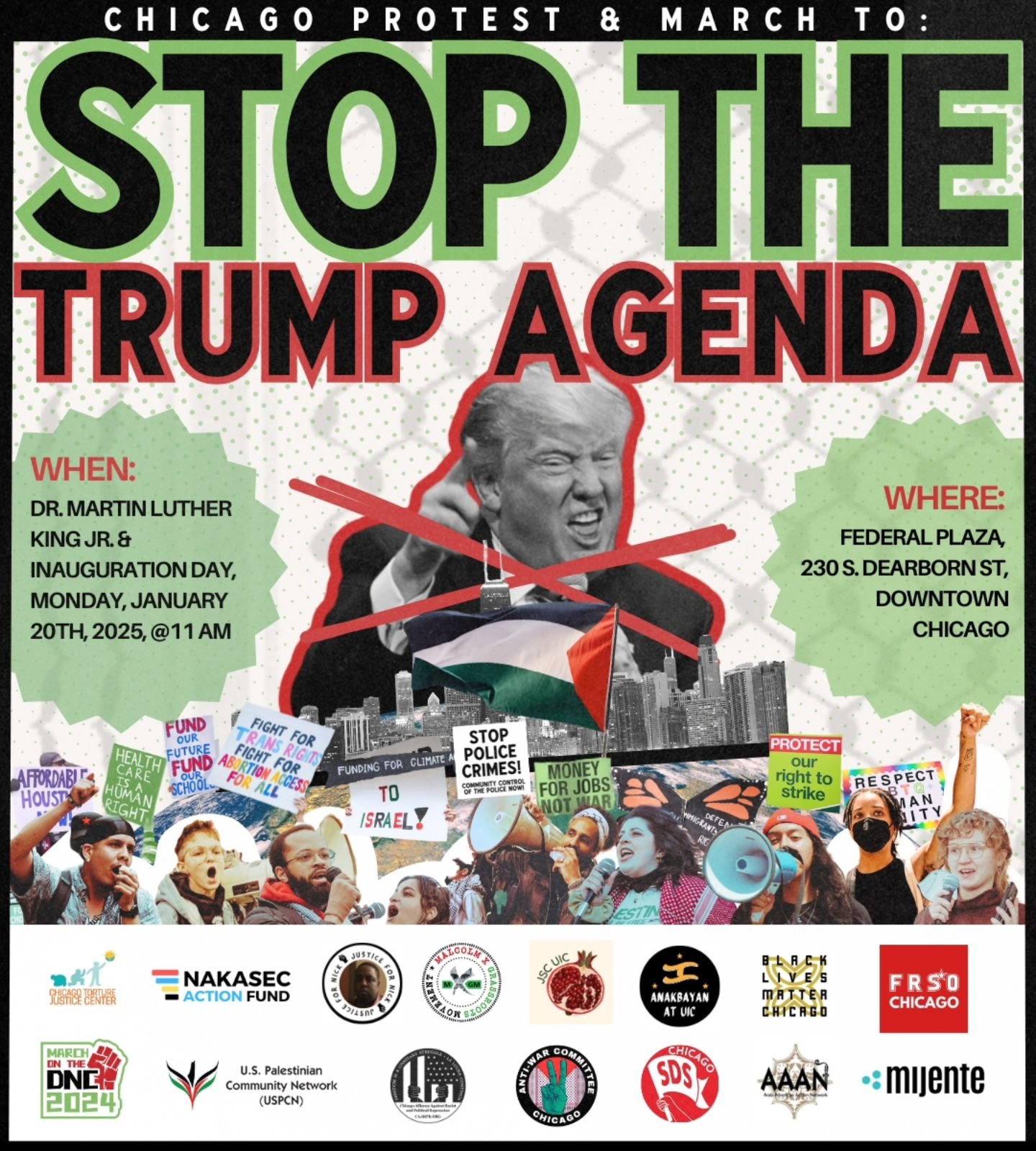 We're hitting the streets January 20th! Join us to protest Trump's inauguration and honor the legacy of Dr. Martin Luther King Jr.!

A Trump presidency means we need to unite now to fight back against attacks on immigrants, Black liberation, Palestin