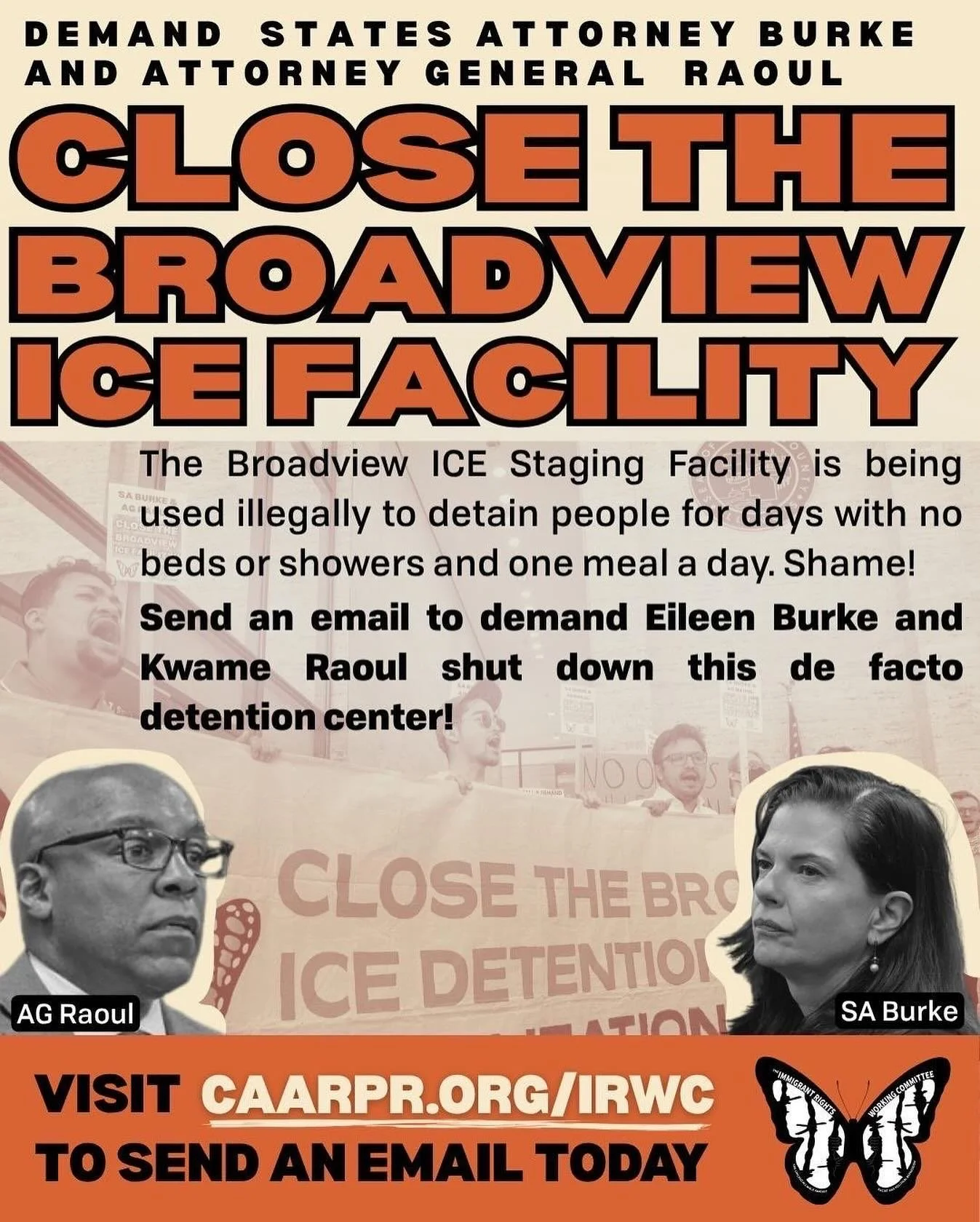 📤 Send an email to demand State&rsquo;s Attorney Eileen Burke and Attorney General Kwame Raoul close the Broadview ICE Staging Facility!

⚡Visit caarpr.org/irwc to send an email today!

The Broadview facility has no beds or showers and is designed t
