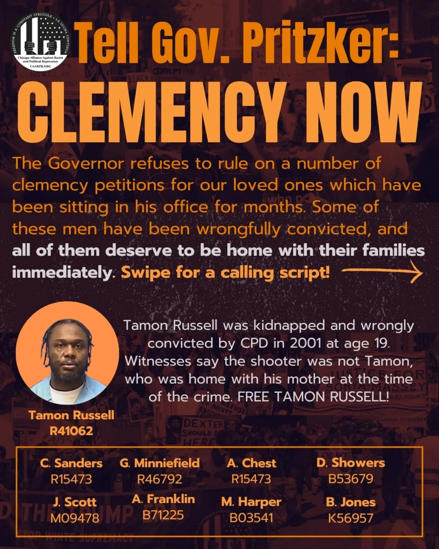 CALLS NEEDED to demand Gov. Pritzker move on clemency petitions collecting dust on his desk. Tamon Russell is just one of 100s of wrongfully convicted petitioners waiting for the governor to make a ruling. Use the script on slide two to call in and b