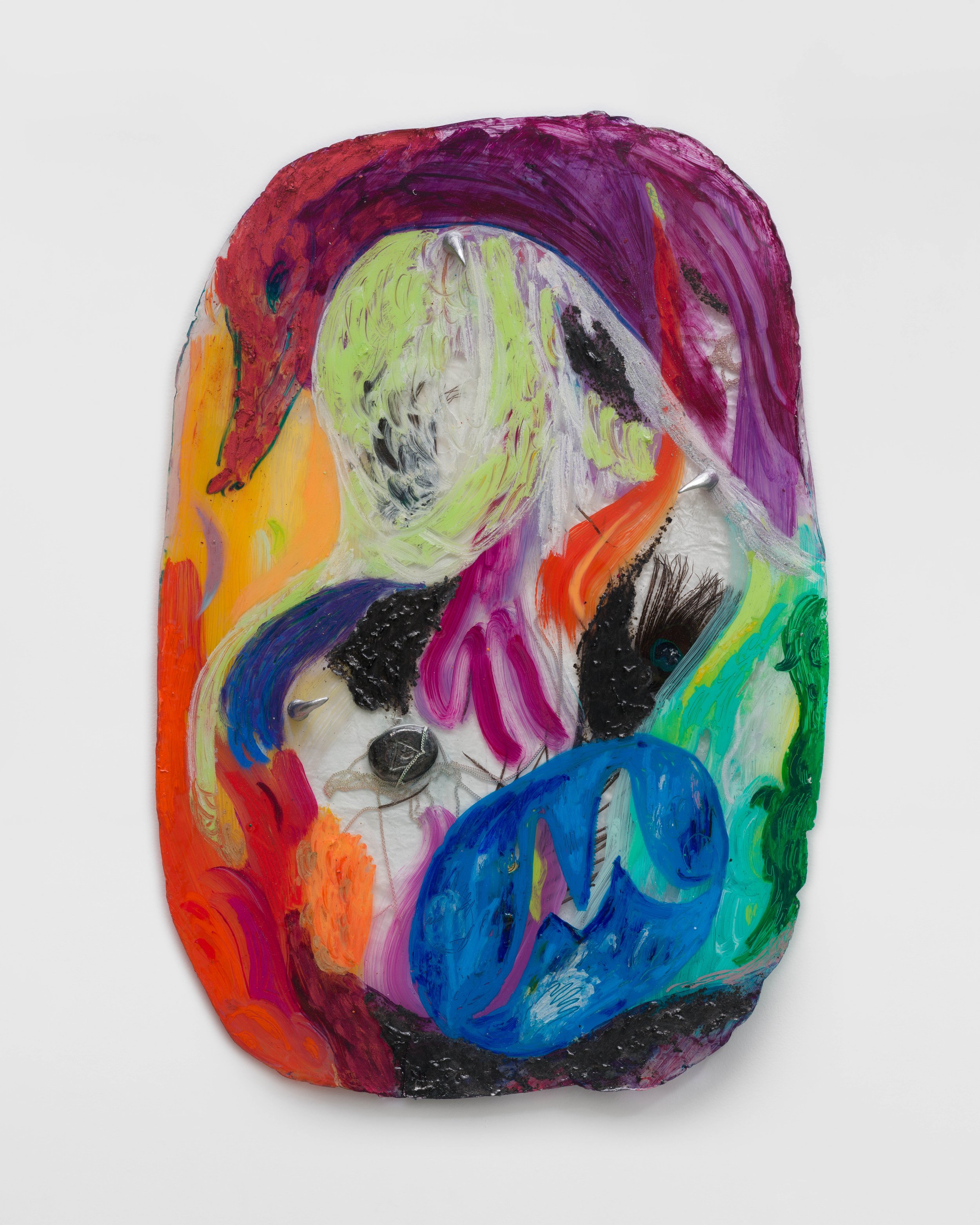 Kim Garcia, Mothering Stone, 2023
Resin, epoxy clay, sticker, necklace chain,
peacock feathers, acrylic paint, and oil
pastel
25” x 17”