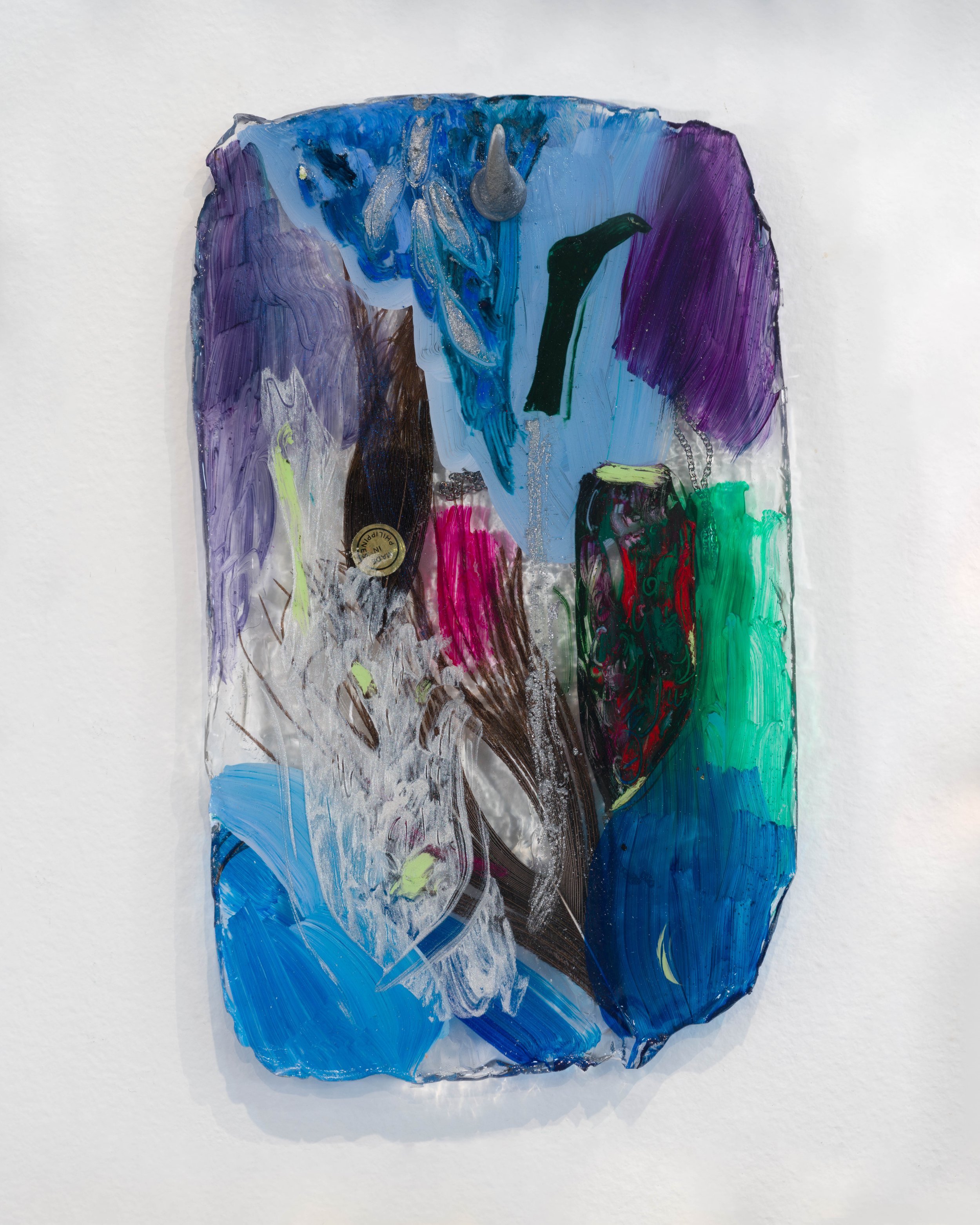 Kim Garcia, ancestor and sister #3, 2023
Resin, epoxy clay, necklace chain, sticker,
peacock feathers, acrylic paint, and oil
pastel.
9 1/2” x 5 3/4”