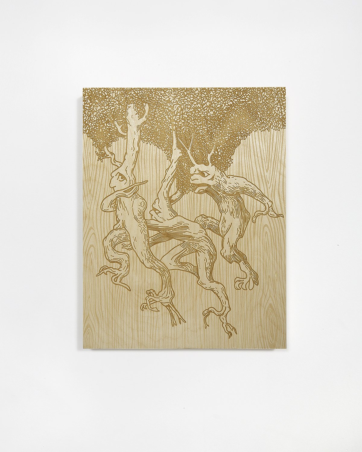 Andy Bennett, 
Trees Fleeing, 2022, Laser-etched plywood panel, 18 x 14 x 2 inches 
 
