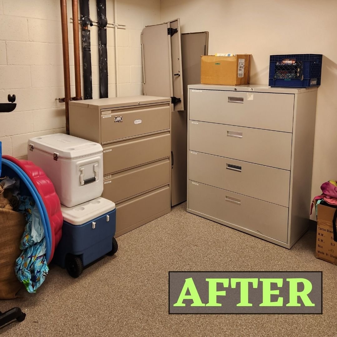 tidy home storage utilizing large filing cabinets with labeled drawers