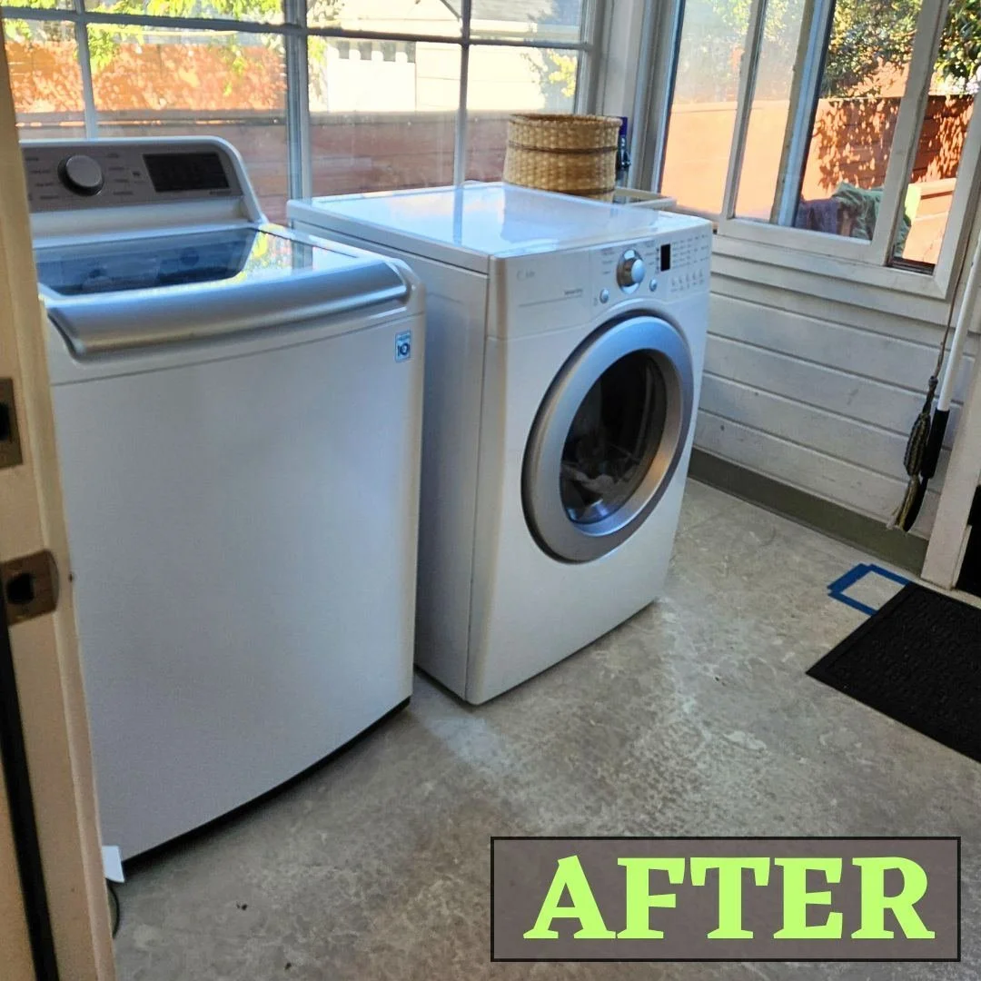 We decluttered, cleaned and reorganized this laundry room. A lot of items were able to be relocated to their intended homes. We created space for additional organizational systems, such a shoe rack and a "catch all basket" for the items tha