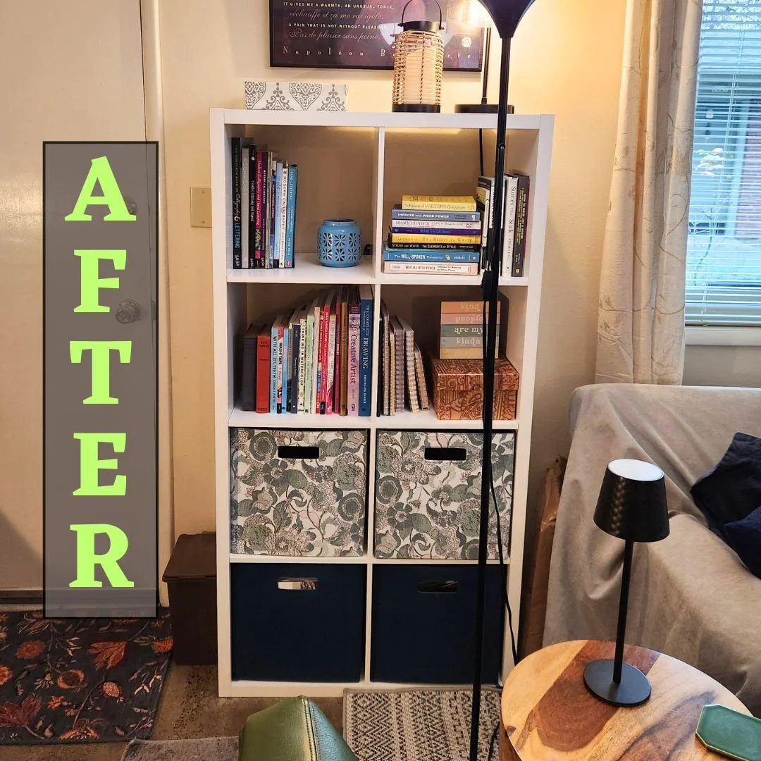 We worked on decluttering this bookshelf with the goal of making it enjoyable to look at and feel less overwhelming. We organized each section by picking a theme and consolidating the books related to that theme. This project ended up with many items