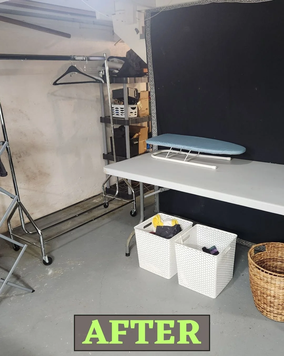 We worked on re-organizing this basement laundry area. We made space for folding, ironing and drying clothes. The shelves were decluttered and relocated as well as the linen shelf. There is so much more space now!

#ProfessionalOrganizng #LaundryRoom