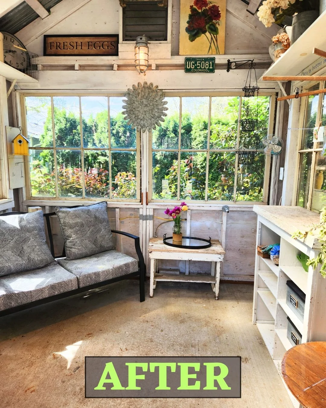 We repurposed this greenhouse to become a lounge and art studio. Lots of items were removed and rearranged to make the space feel less cluttered. 

#ProfessionalOrganzing #GreenhouseArtSudio #MakeSpaceToDoArt #SortnSell #MakeSpaceForChange #Professio