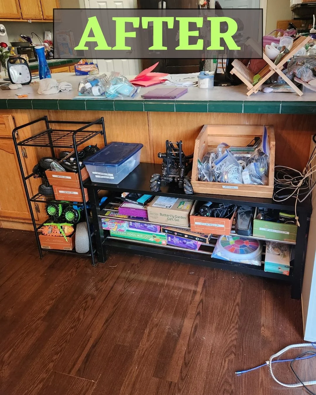 The craft and wire shelf is much more organized and easy to find things. We identified what could be donated. We used drawers to resort the extra craft supplies and lots of labels so each home is identifiable. We also bagged similar cords together. 
