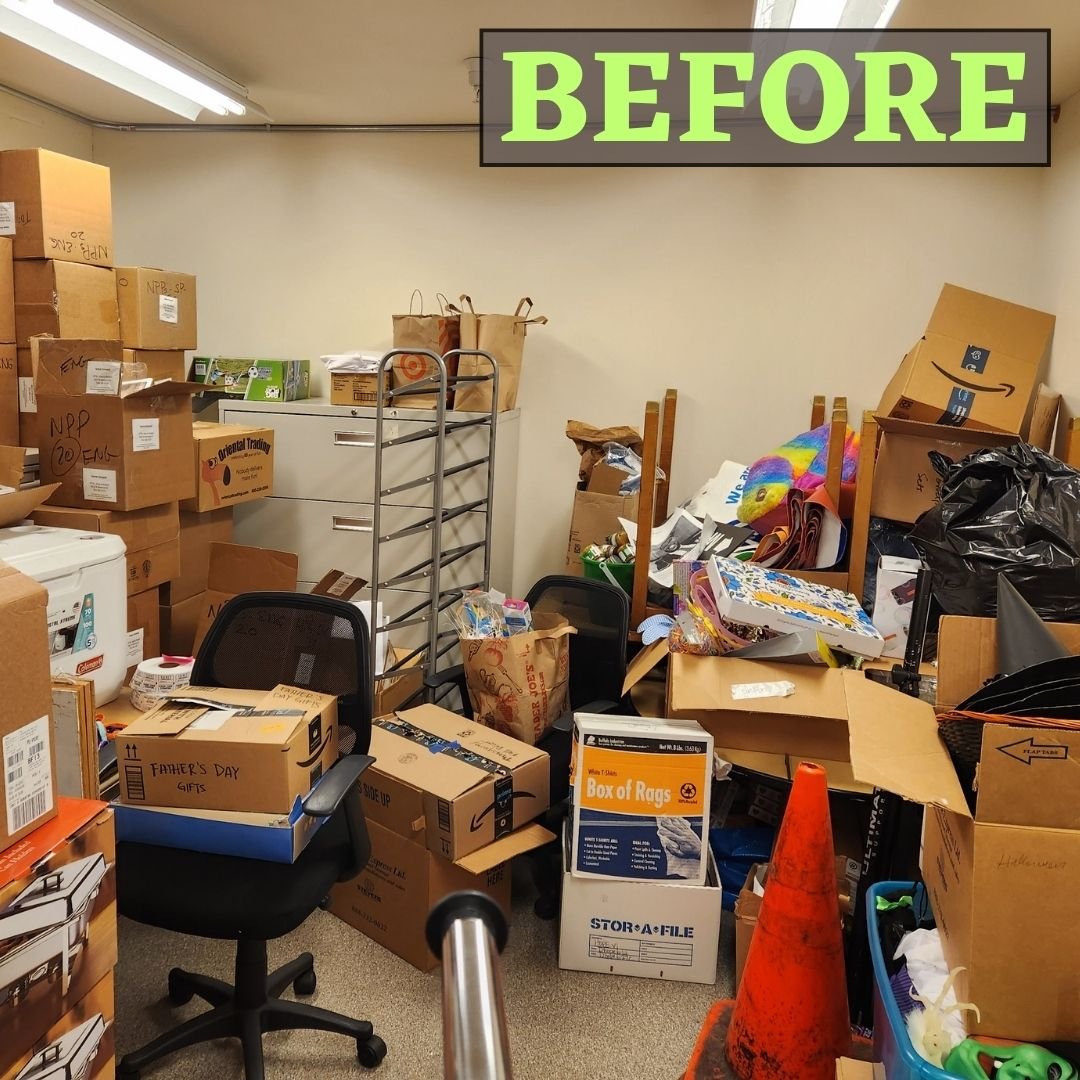 very messy storage room packed with overflowing boxes