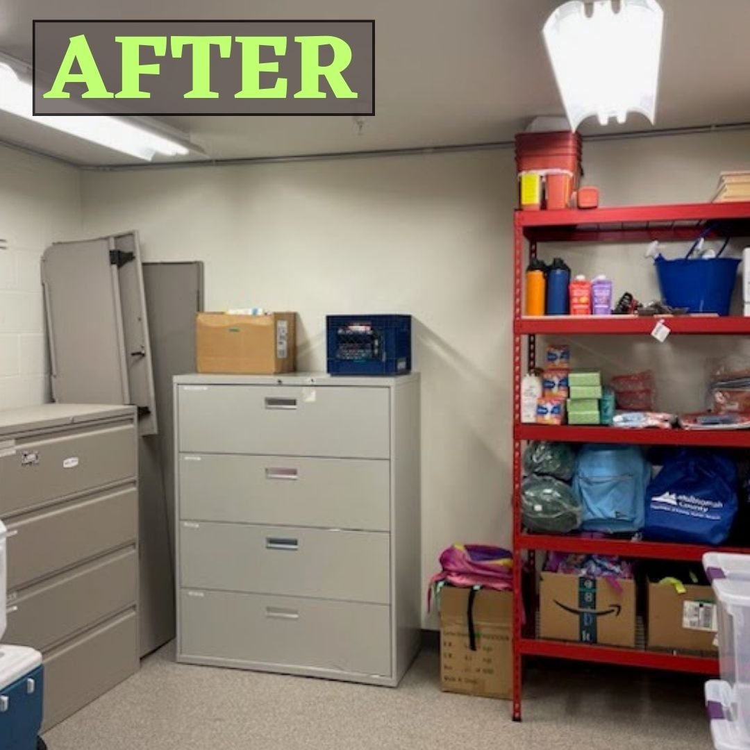 organized storage room with industrial shelving and large filing cabinets with labeled shelves and drawers to easily grab items