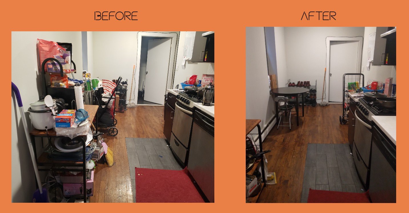 Small space organizing solutions of messy studio kitchen Before and After Decluttering