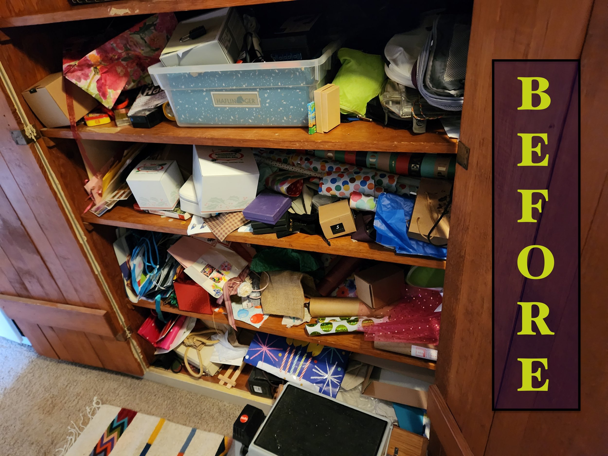very messy closet with shelves packed to the brim with all sorts of miscellaneous items.