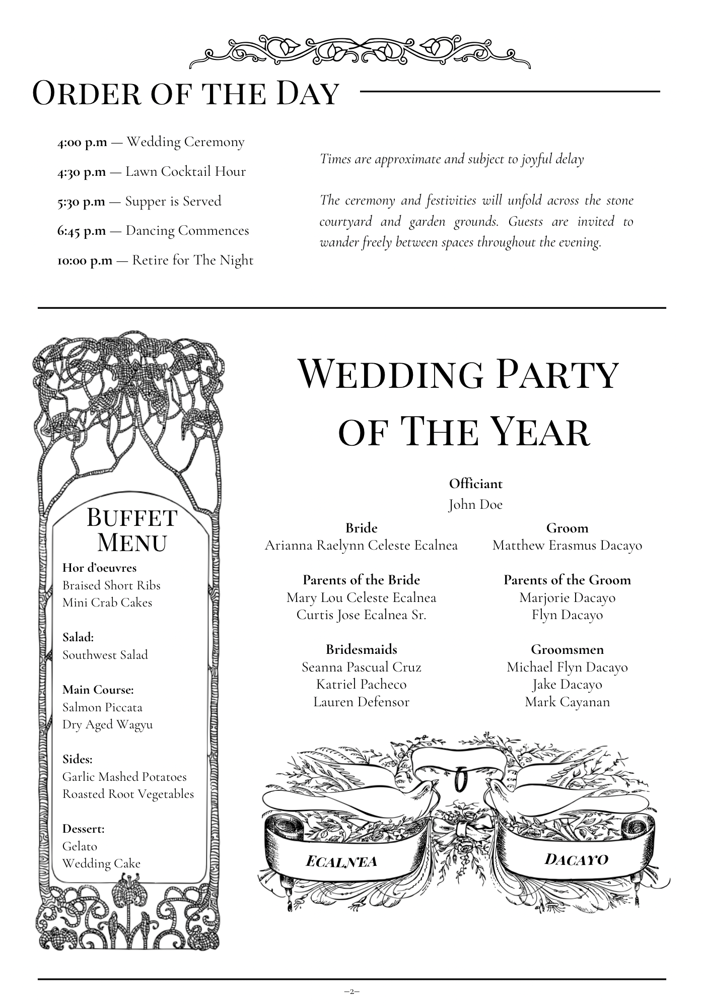 Regency Broadsheet Inspired Program, "The Wedding Courant"
