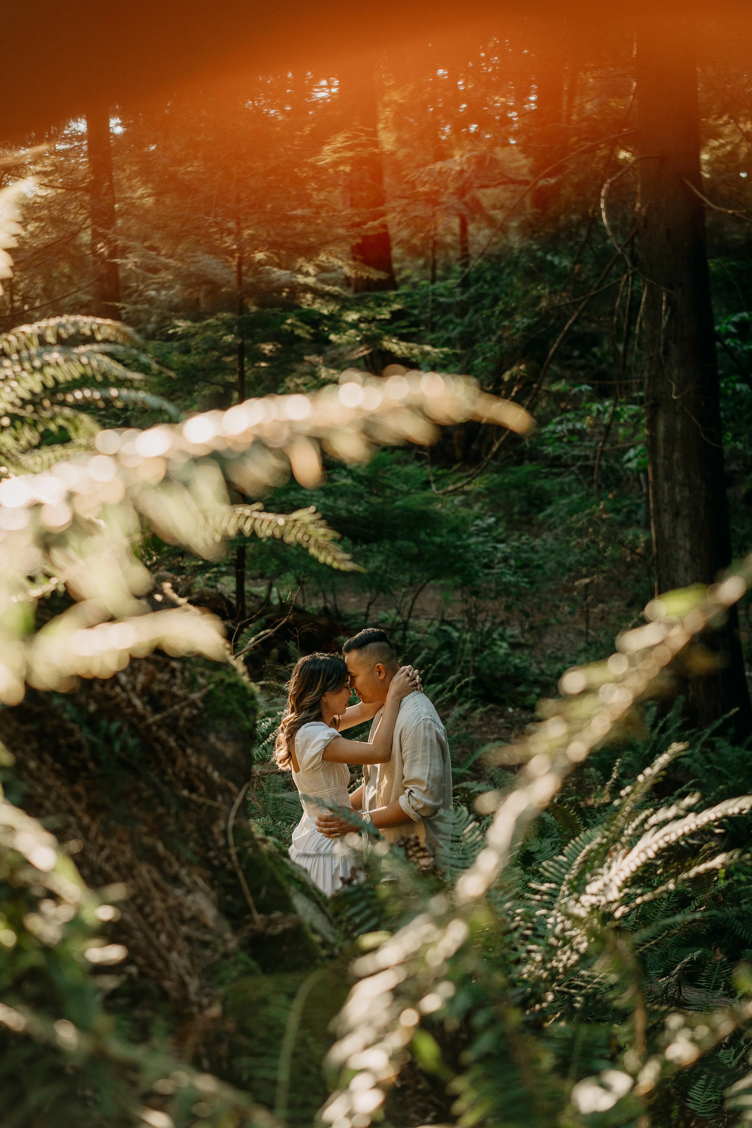 couples session in the forest at lighthouse park