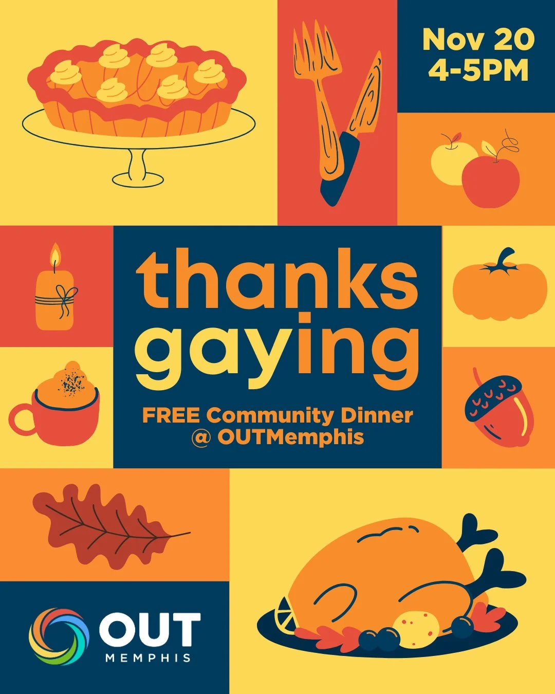 Come celebrate ThanksGAYing with us this week at our FREE Community Dinner, on Thursday, Nov 20 from 4pm to 5pm at the OUTMemphis Community Center. 🍗⁠
⁠
OUTMemphis provides free meals at both the OUTMemphis Community Center (All Ages) &amp; Youth Em