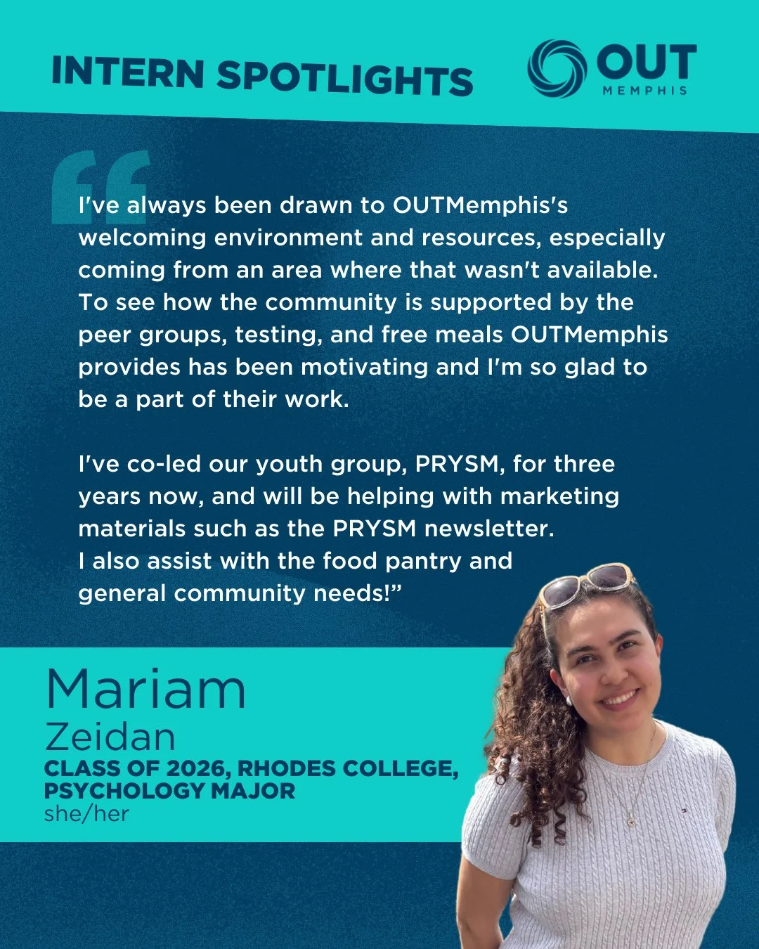 This month we're spotlighting our Interns! Meet Mariam Zeidan, a Rhodes College student studying Psychology, class of 2026.⁠
⁠
It&rsquo;s important to us that we make space to uplift folks starting their journey to make a difference. Looking for an i
