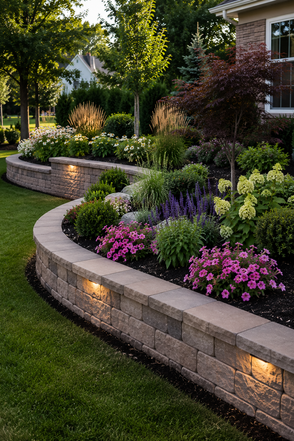 Custom garden wall and raised planting bed border installation with landscape blocks and decorative plantings in Indianapolis, IN.