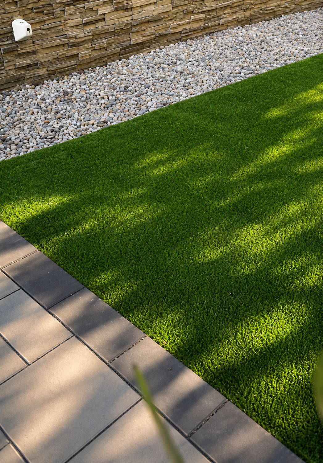 Modern residential backyard featuring premium artificial turf integrated with stone pavers and river rock landscaping in Indianapolis.