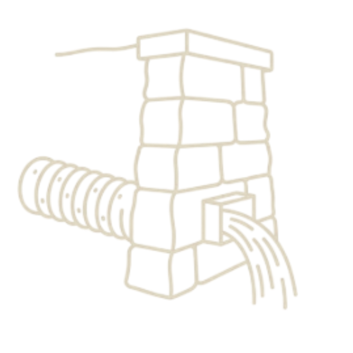 Technical line icon of a retaining wall drainage outlet with water flowing out, representing structural drainage solutions by B&F Landscaping in Indianapolis.