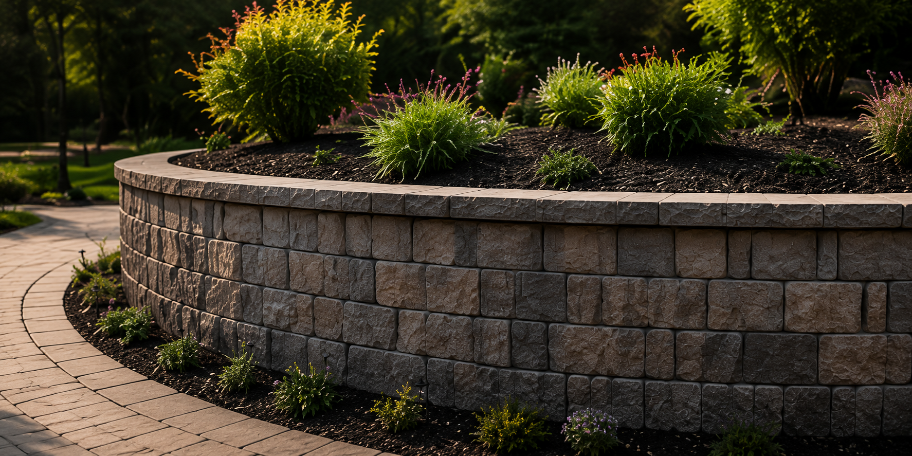 Curved Versa-Lok retaining wall supporting a landscaped garden bed in a residential backyard in Indianapolis.