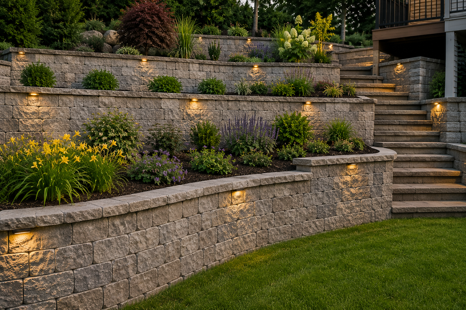 Custom terraced backyard hardscape with multi-level segmental retaining walls, matching stone staircases, and premium outdoor landscape lighting elements.