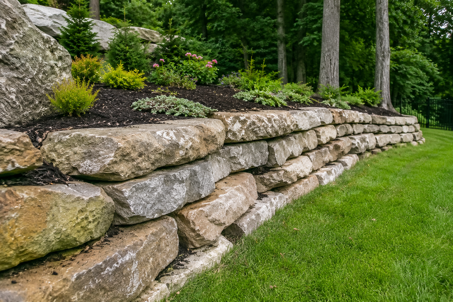 Custom natural stone retaining wall installation in a wooded backyard setting, highlighting premium hardscaping and slope retention services.