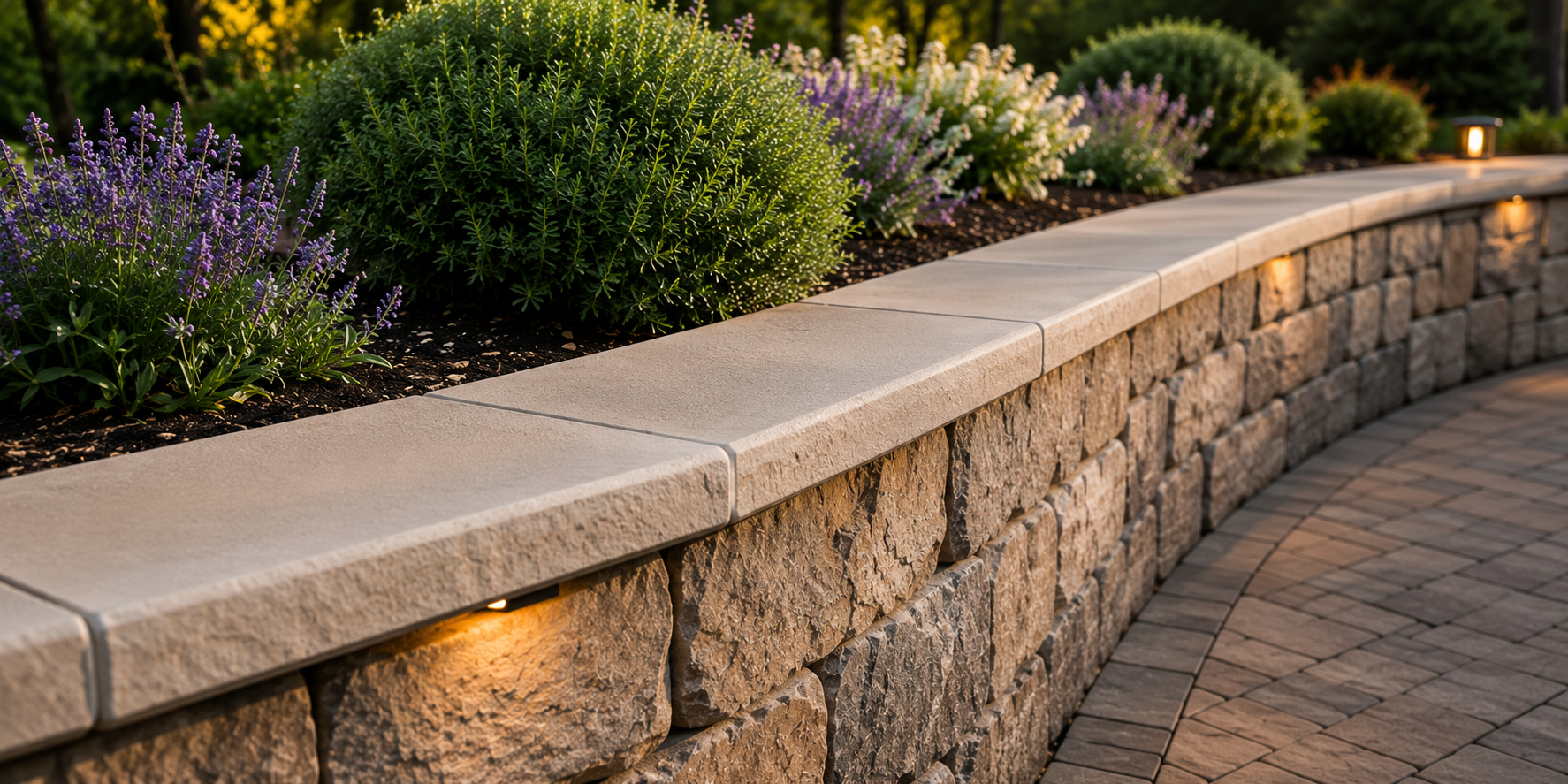 Natural stone cap stones installed on a curved landscape wall, providing a clean and elegant finish to an outdoor living space in Indianapolis.