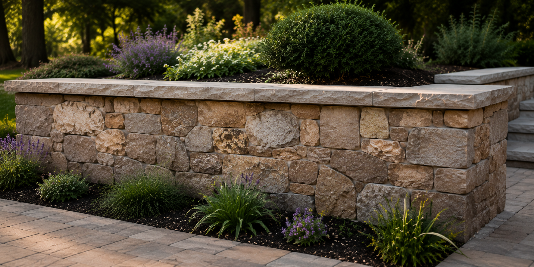 Custom natural stone wall built with fieldstone and limestone, creating a premium landscape feature in an Indianapolis backyard.
