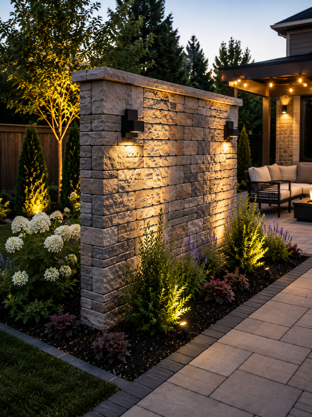 Custom freestanding decorative wall installation enhancing landscape design and walkway transitions in Indianapolis, Indiana.