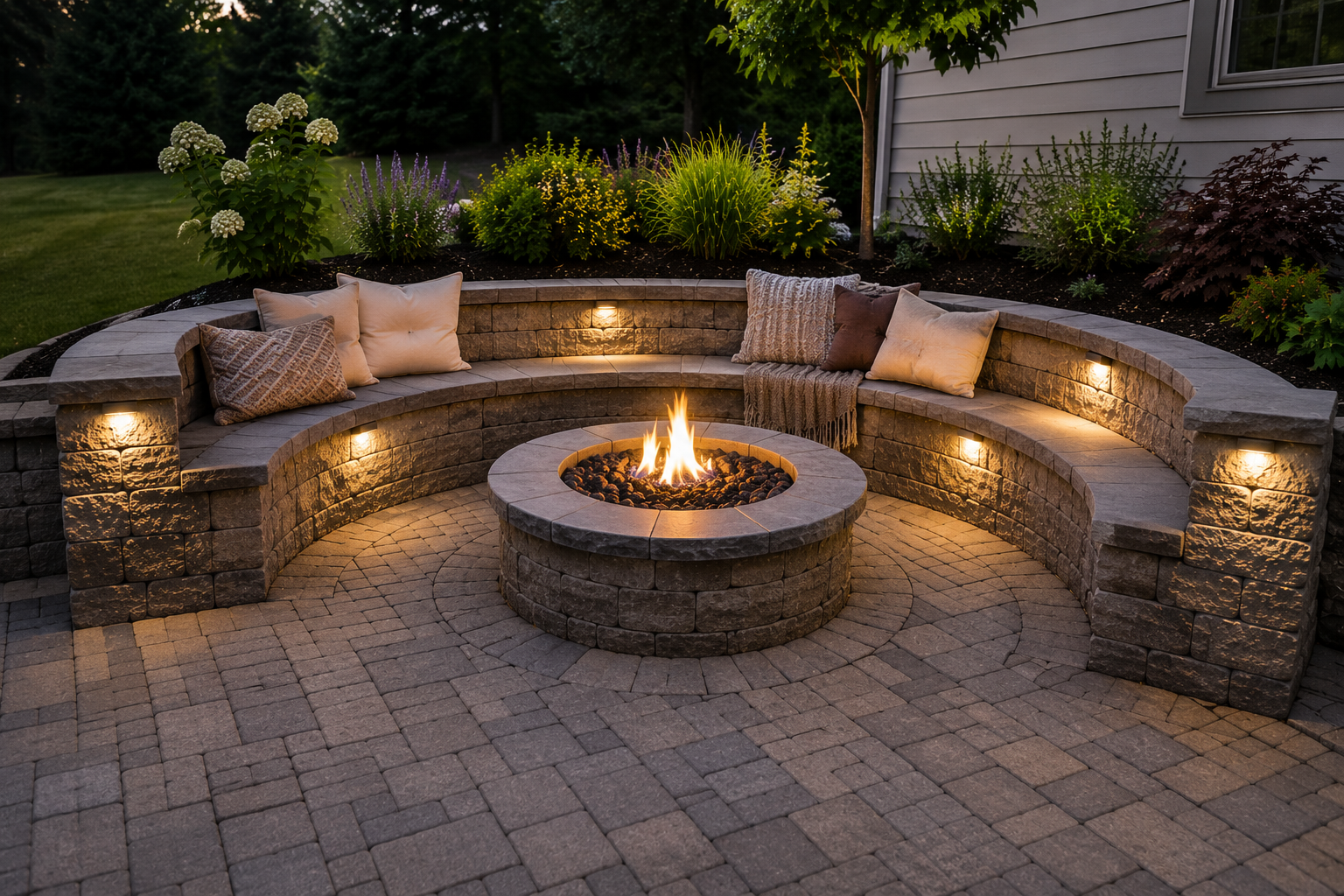 A luxury curved concrete block seating wall built around a matching stone gas fire pit on a paver patio, decorated with outdoor pillows, blankets, and warm under-cap lighting.