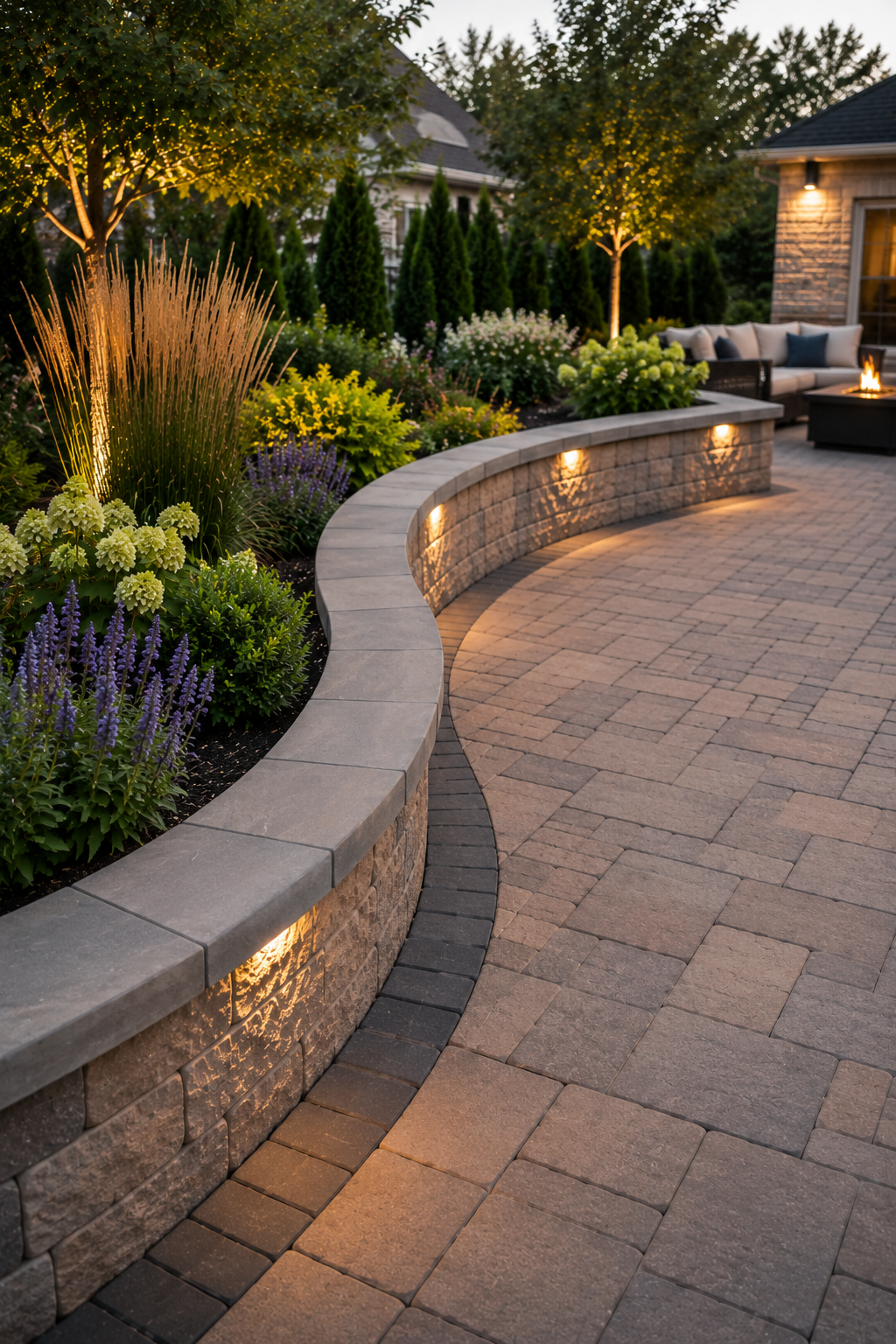 Professionally installed curved seating wall with smooth radius design and premium hardscape materials in Indianapolis, Indiana.