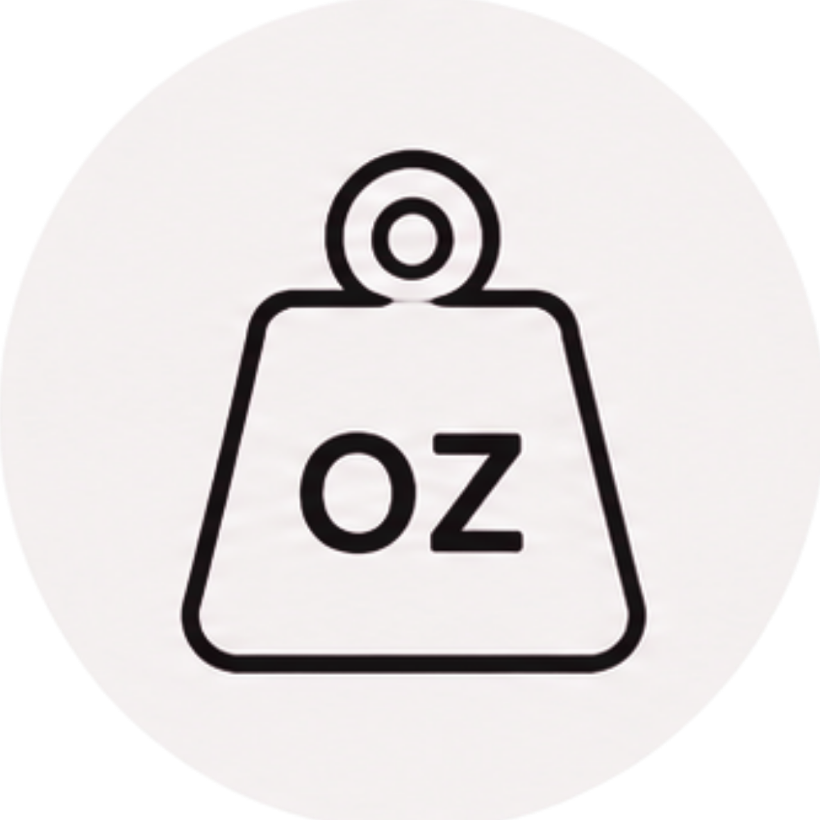 Black line icon of a heavy weight scale with the letters OZ, representing artificial turf face weight and material density features.