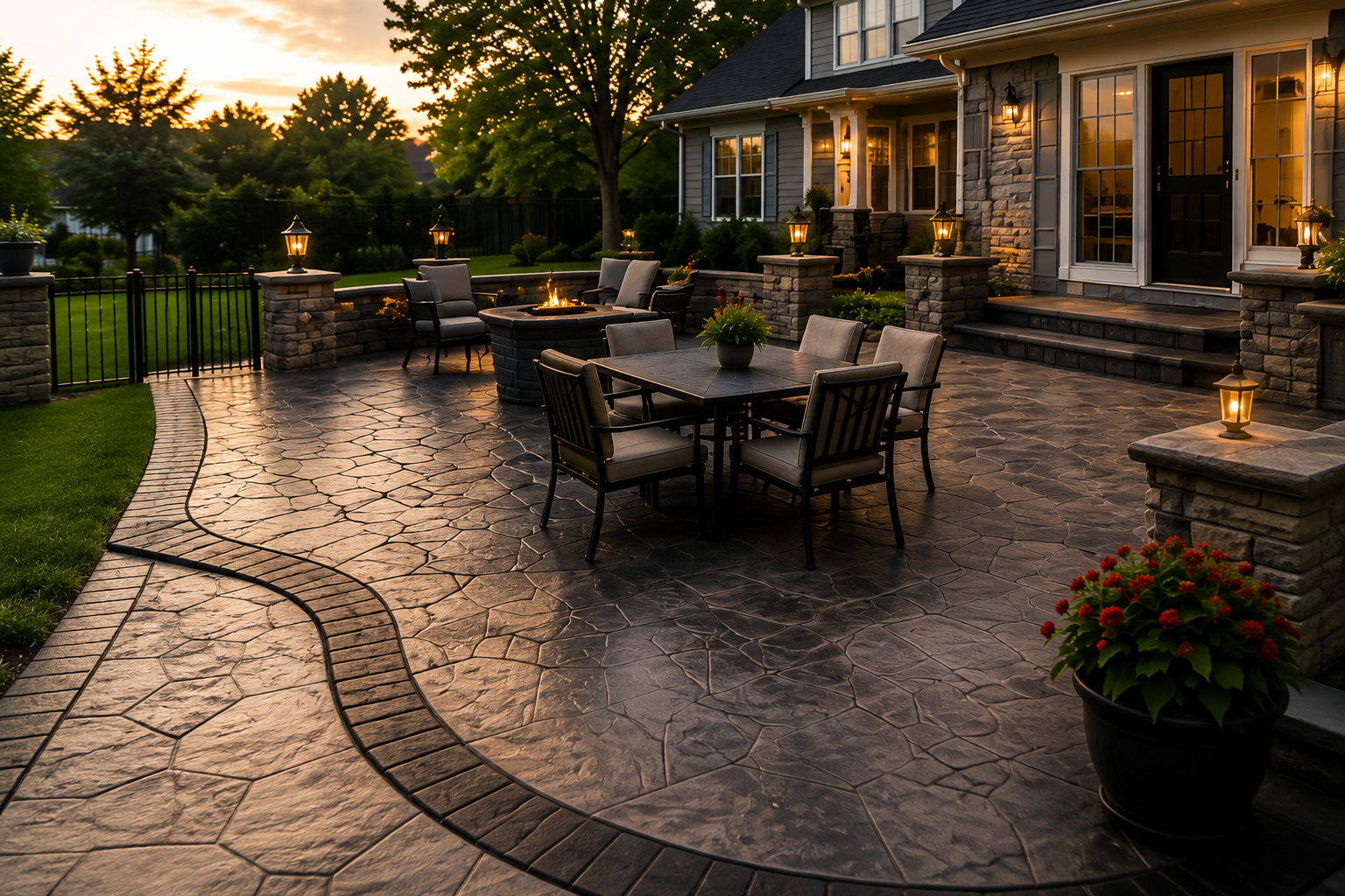 Stamped concrete patio installation with decorative stone-pattern finish and outdoor living space in Indianapolis, IN