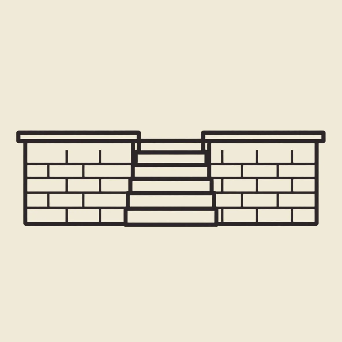 Black line icon showing a block retaining wall with a central integrated staircase and top cap layers, representing retaining walls with integrated steps construction services