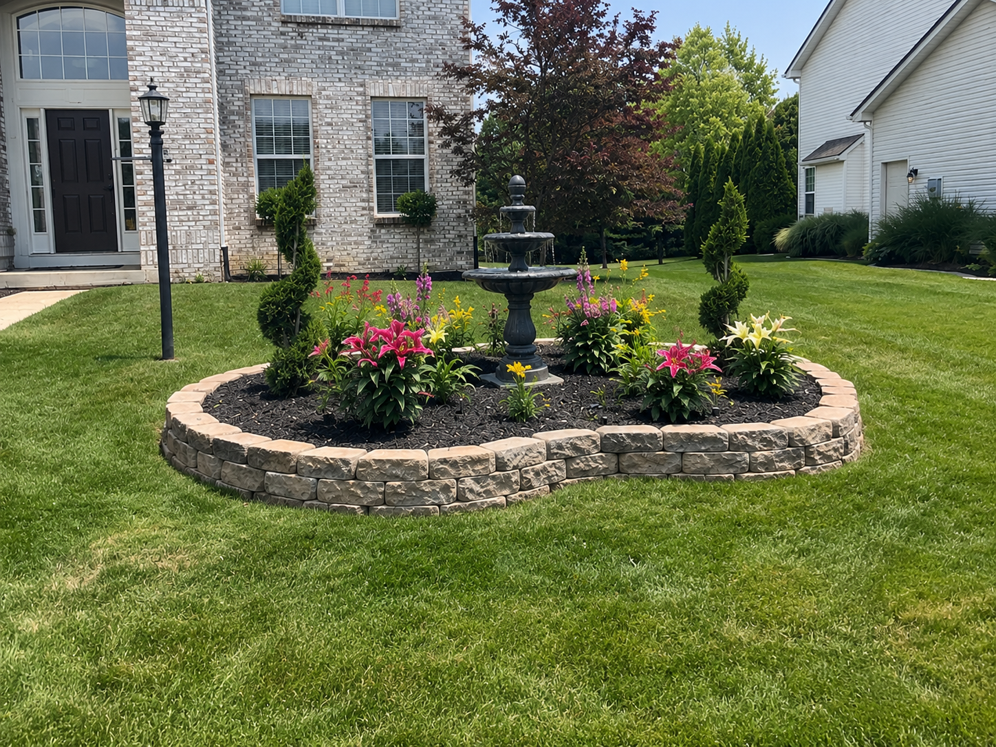 Custom water feature installation with decorative fountain, professional landscaping, and stone garden border in Indianapolis, IN.