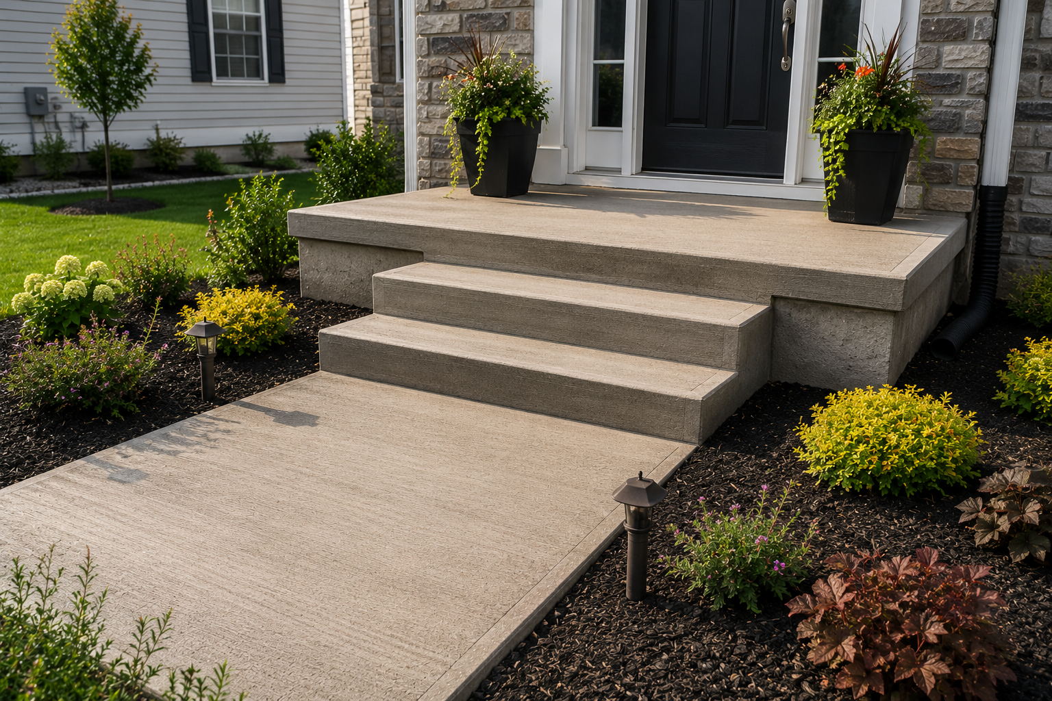 New concrete front steps and stoop with landscaped garden beds at a residential property in Indianapolis, Indiana.