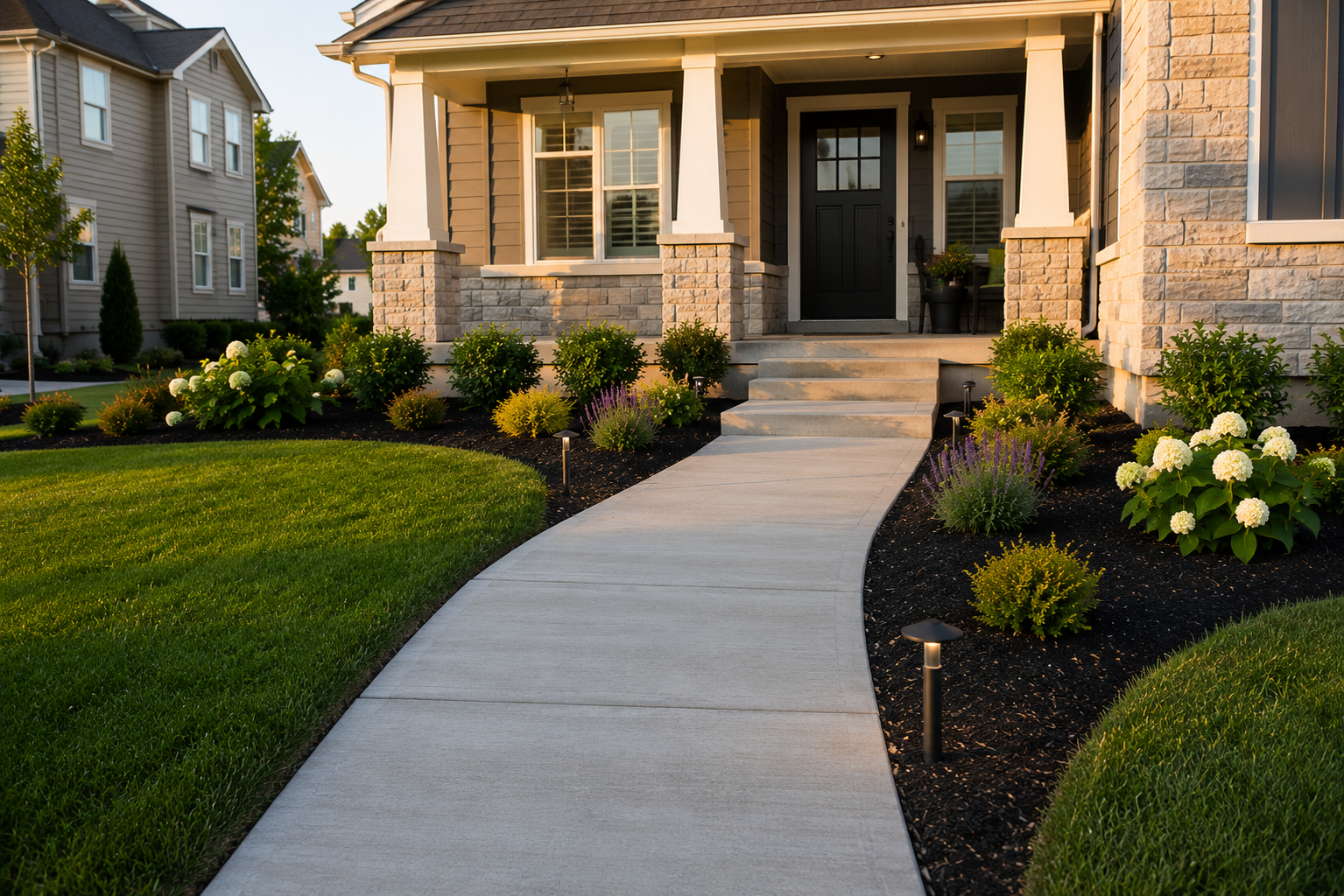 Concrete front walk and entry approach with landscaped garden beds and improved curb appeal in Indianapolis, Indiana.