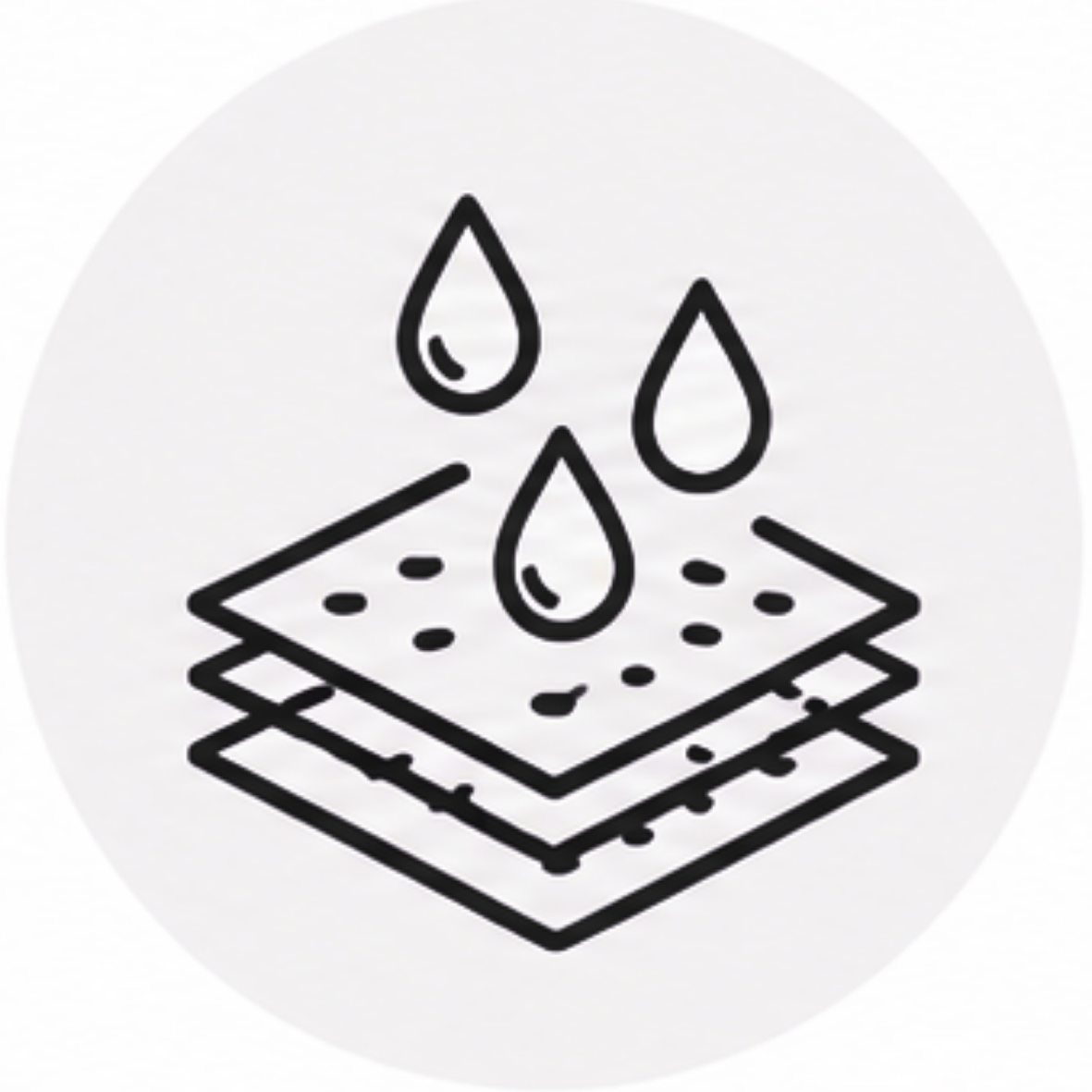 Black line icon showing water droplets falling through multiple perforated layers, representing artificial turf backing and efficient drainage systems