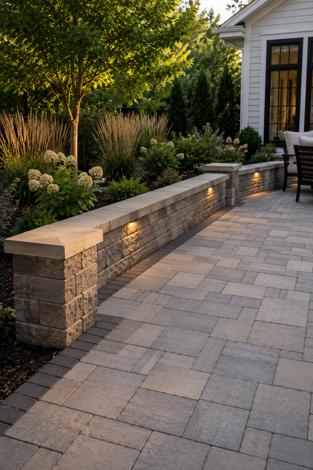 Patio perimeter wall installation with concrete landscape blocks and capstones surrounding a paver patio in Indianapolis, Indiana.