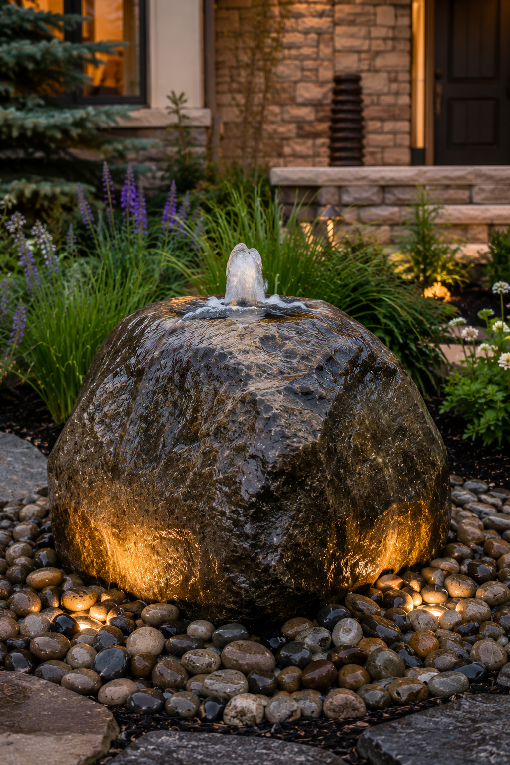 Custom bubbling boulder fountain with landscape lighting, river rock, and ornamental grasses at an Indianapolis home.