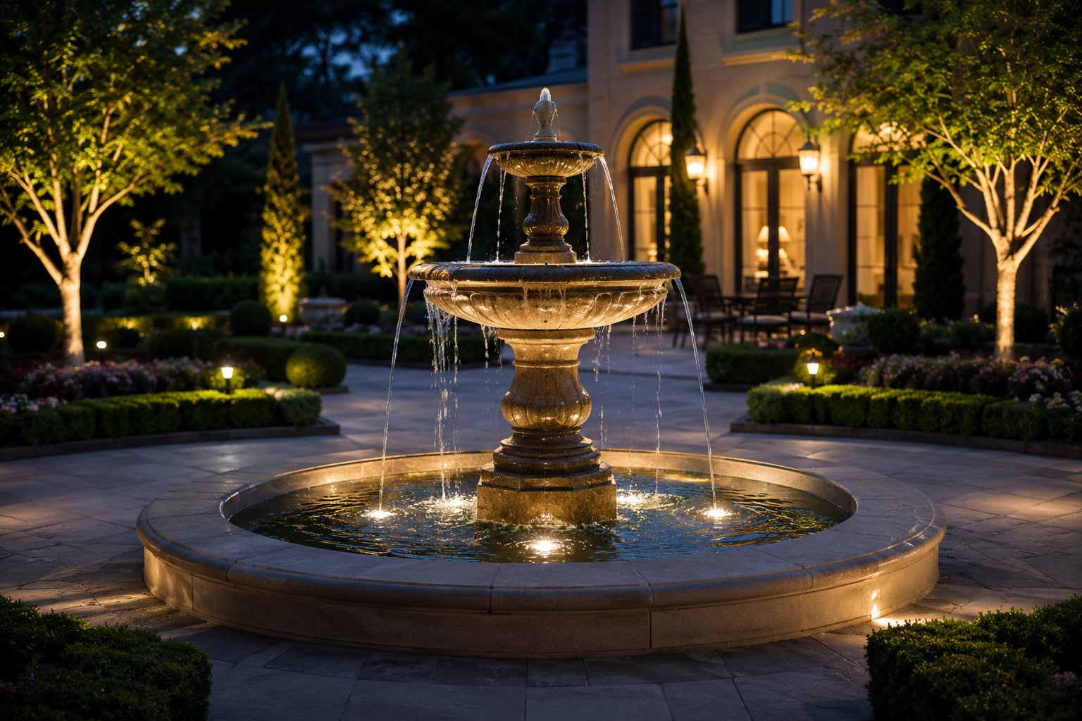 Custom formal stone fountain installation surrounded by professional landscape lighting and luxury garden design in Indianapolis, Indiana.