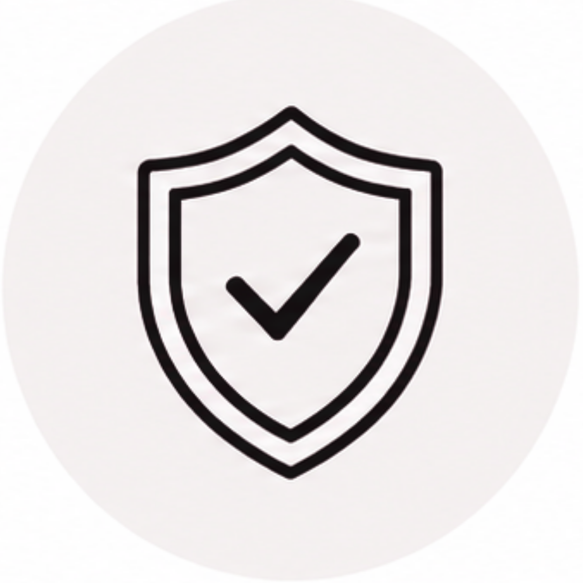 Black line icon of a shield with a checkmark representing warranty and product protection.