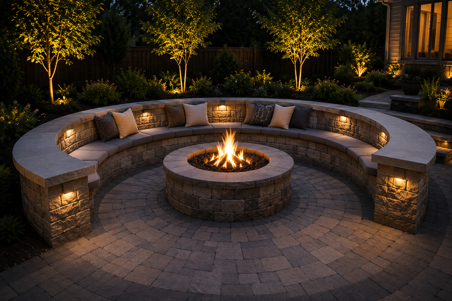 Custom circular concrete block seating wall with integrated lighting surrounding a stone fire pit on a matching circular paver patio, built by B&F Indianapolis.