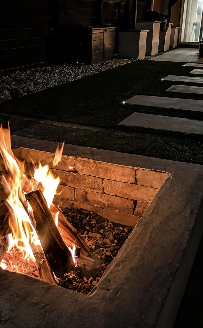 Close-up of a custom-built stone fire pit with real wood fire, installed by B&F Landscaping in Indianapolis, Indiana.