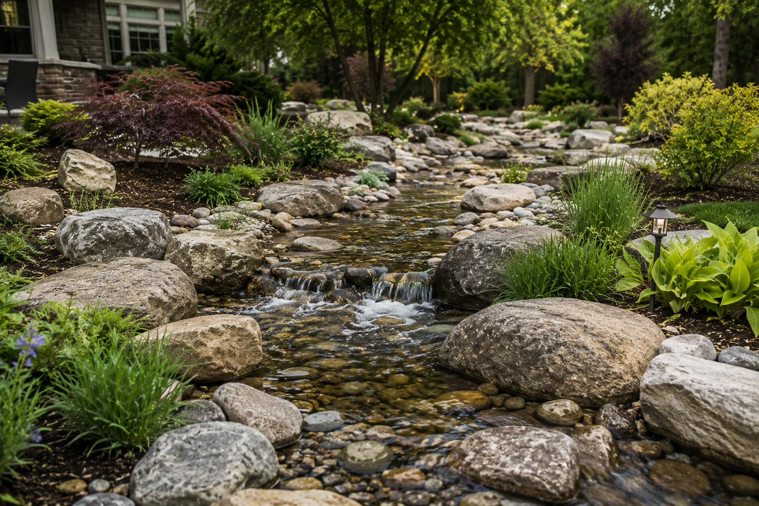 Naturalistic stream bed installation with flowing water, decorative boulders, and professional landscape design in Indianapolis, IN.
