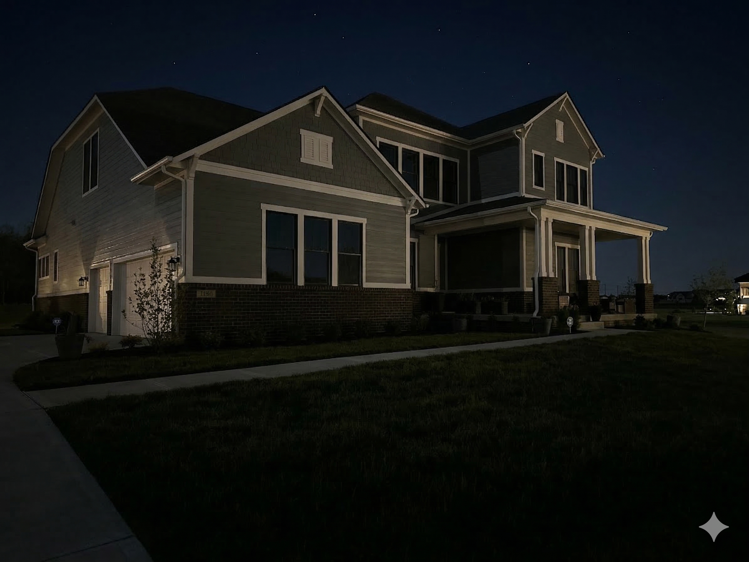 Before photo of a large residential home exterior at night with no landscape lighting, prior to an outdoor lighting installation by B&F Indianapolis