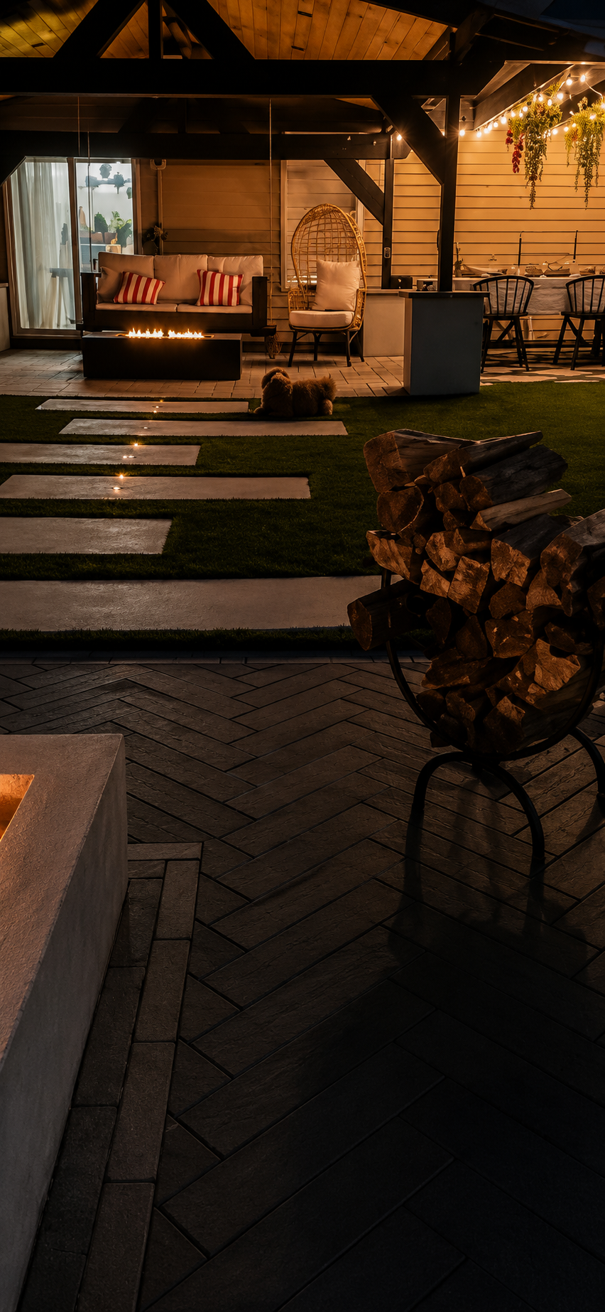 Luxury backyard fire pit patio design featuring custom dark pavers and outdoor seating by B&F Landscaping in Indianapolis.