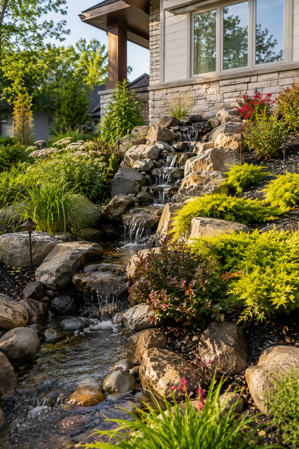 Custom pondless waterfall installation with natural stone boulders, flowing stream, and professional landscaping at a luxury home in Indianapolis, Indiana.