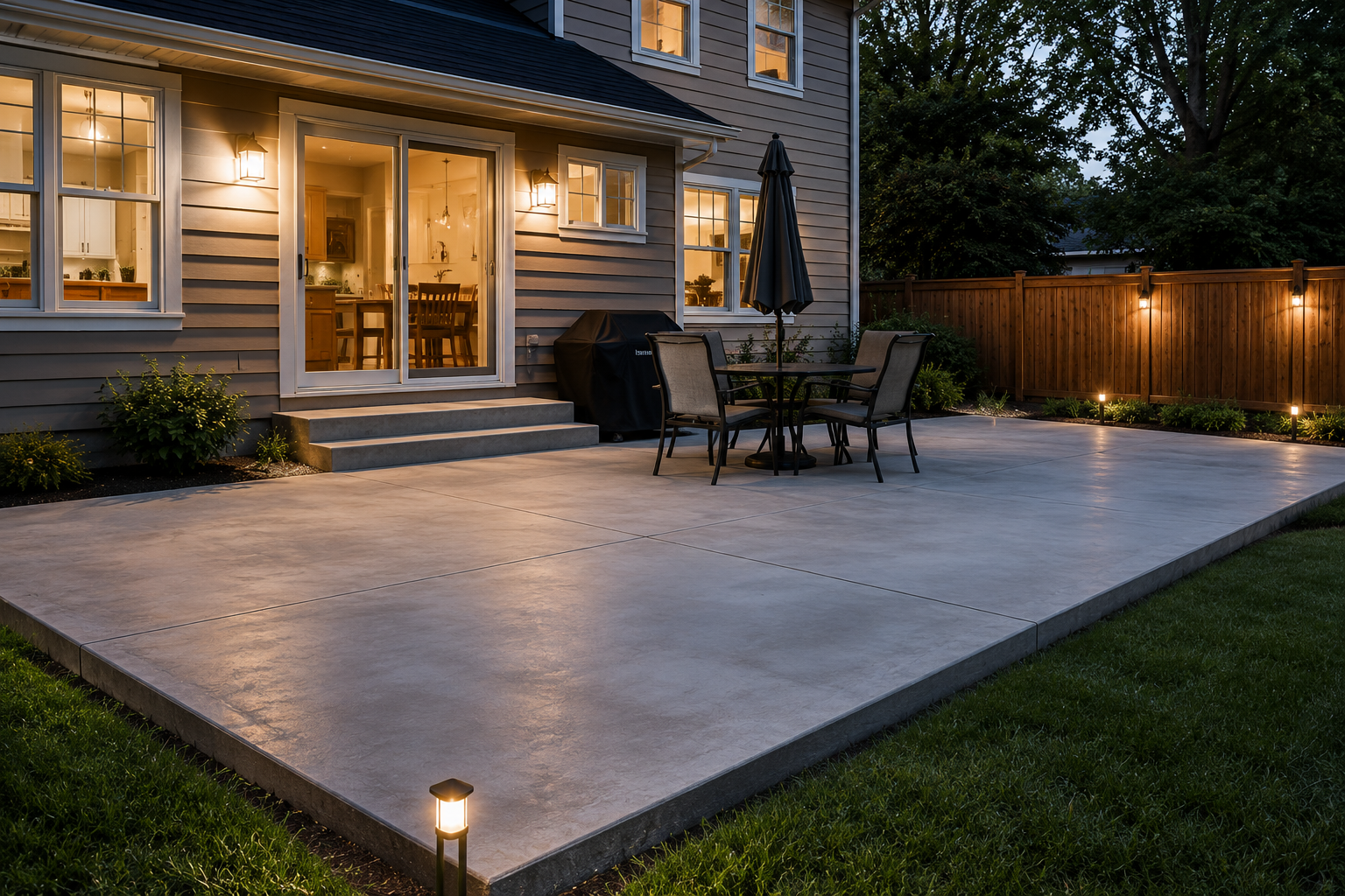 Professionally installed concrete patio slab with outdoor seating area in a residential backyard in Indianapolis, IN.